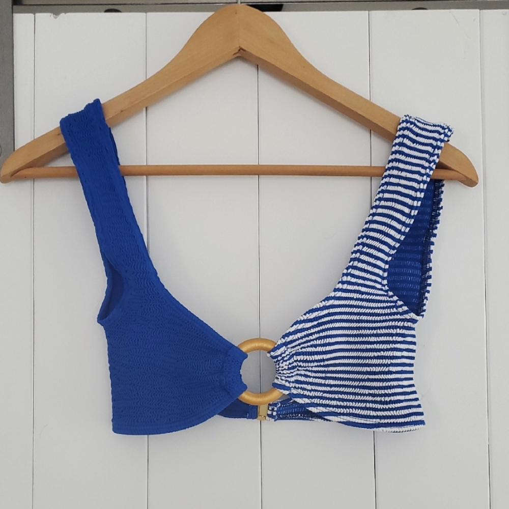 Brand New Free People X Cleonie Crinkle Ribbed Blue and White Striped Bikini Top